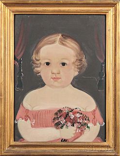Prior/Hamblen School, Possibly the Work of E.W. Blake, Mid-19th Century      Portrait of a Blonde Girl in Pink Dress Holding 