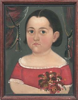 Prior/Hamblen School, Possibly the Work of E.W. Blake, Mid-19th Century      Portrait of a Girl in a Red Dress Holding a Bouq