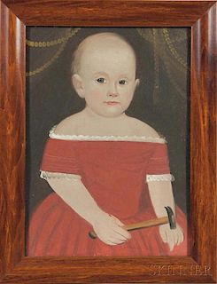 Prior/Hamblen School, Mid-19th Century      Portrait of a Child in a Red Dress Holding a Hammer