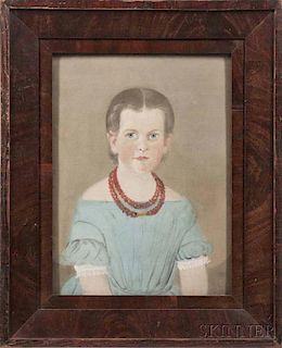William Matthew Prior (Massachusetts/Maine, 1806-1873)      Portrait of a Girl Wearing a Blue Dress and Coral Necklace