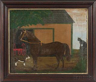 American School, 19th Century      Portrait of a Horse with Cat and Dog in Front of a Barn