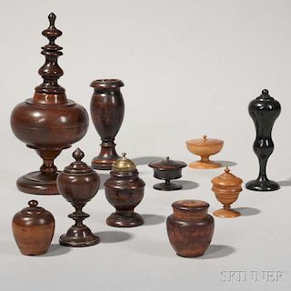 Nine Treen Spice Boxes and a Treen Spill Vase