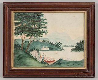 American School, 19th Century      Naive Landscape with a Boating Party
