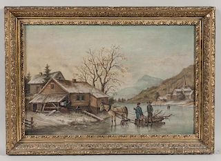 American School, Late 19th Century      Winter Homestead Landscape with Figures on a Frozen Lake