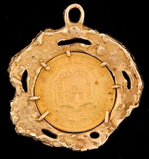 Gold Nugget Bezel Mounted 1880 Spanish 25 Pesetas Coin