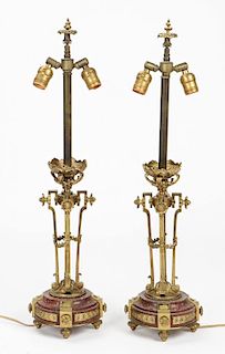 Pair Bronze Ormolu and Porphyry Lamps