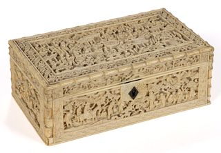 CHINESE EXPORT QING DYNASTY CARVED IVORY SEWING / WORK BOX