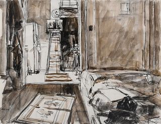 ROBERT GRAHAM charcoal + watercolor drawing 'Apartment interior', signed