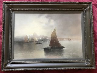 Paul R. Koehler watercolor/pastel harbor view painting, signed, original frame