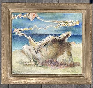 Raphael Sabatini oil painting, modernist beach scene 'man with kite'