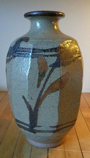 Stoneware vase Asian or English mid century modern signed unidentified
