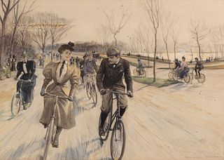 Unknown Artist (19th Century) 'Afternoon Spin - Riverside Park' Watercolor on Paper