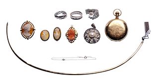 Gold, Silver and Costume Jewelry Assortment and Pocket Watch