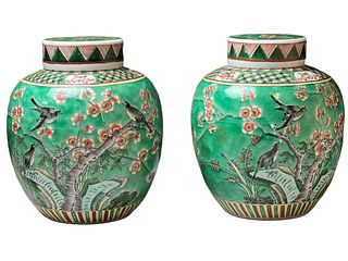 Pair Of Chinese Famille Verte, Prunus Blossom Jars