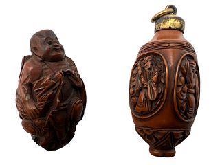 Two Chinese Carved Olive Seed Buddha