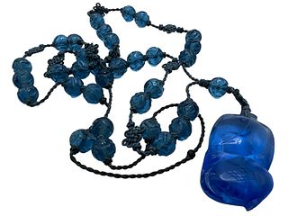 A Carved Bluesea / Blue Stone Beads Necklace