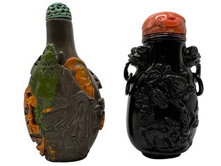 Two Chinese Peking Glass With Coral Stopper & Turquoise Snuff Bottles