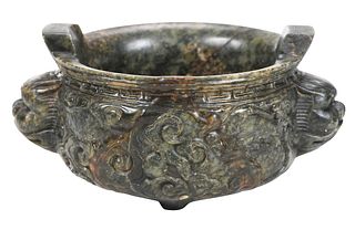Chinese Carved Spinach Jade Censer