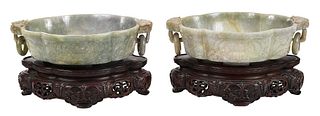 Pair of Chinese Carved Jade Censers on Stands