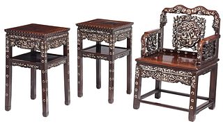 Chinese Export Mother of Pearl Inlaid Hardwood Three Piece Suite