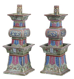 Pair of Chinese Famille Rose Enameled Pottery Altar Vases