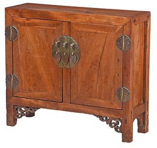 Chinese Brass Mounted Elmwood and Mixed Hardwoods Diminutive Cabinet