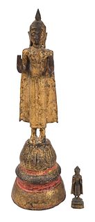 Thai Giltwood Buddha and Miniature Bronze Buddha