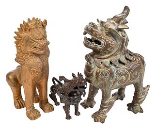 Three Asian Metal Lion Figures