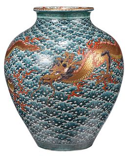 Large Japanese Enamel Decorated Porcelain Dragon Vase