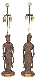 Pair of Standing Bronze Buddhas Converted to Lamps