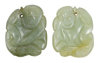 Near Pair of Chinese Carved Jade Monkey Pendants