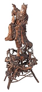 Large Japanese Carved Burlwood Shoki Figure