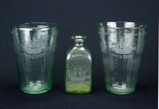 Pair of Steigel type glass beakers and bottle
