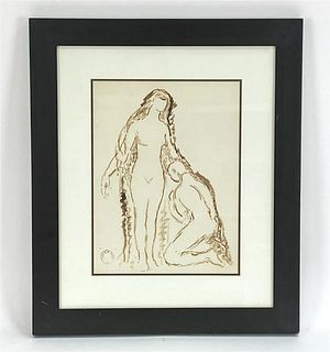 Modernist French? Ink drawing Nude with supplicant atelier stamped unidentified