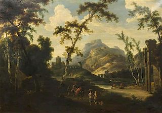 * Manner of Adam Pynacker, (Dutch, c. 1620-1673), An Italianate Landscape with Travelers