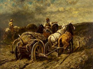 Adolf Schreyer, (German, 1828-1899), Horse Drawn Wagon