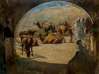 Pal Fried, (American/Hungarian, 1893-1976), Camels in a Courtyard