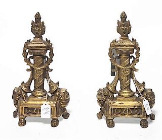 A Pair of Louis XVI Style Gilt Metal Chenets, Height 13 1/4 inches.