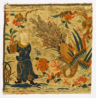 18th C. Chinese Embroidery of Man with Peacock