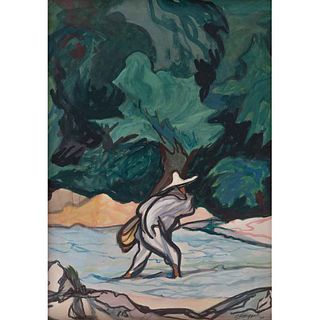PABLO O'HIGGINS, Hombre cruzando río, Firmada y fechada 74, Acuarela y gouache sobre papel, 55 x 38.5 cm