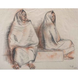 FRANCISCO ZÚÑIGA, Dos mujeres, Firmado y fechado 1975, Conté y sepia sobre papel, 48 x 62 cm