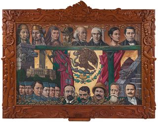 ROBERTO MONTENEGRO, Los héroes de la patria, Firmada, Mixta sobre madera, 127.7 x 196 cm, Con carta