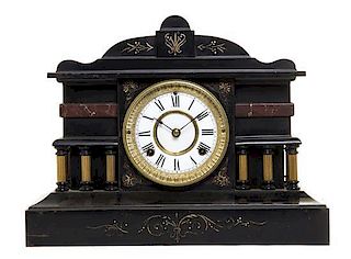 An American Slate and Marble Mantel Clock, Height 12 3/4 x width 16 3/8 x depth 6 1/4 inches.