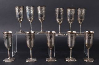 Eleven Sterling Silver Stemmed Wine Glasses