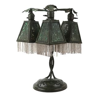 Art Nouveau Patinated Metal and Glass Table Lamp