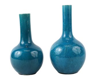 Two Chinese Turquoise Blue Porcelain Bottle Vases