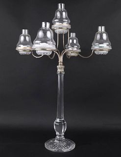 Glass and Silvered Metal Five-Light Candelabrum