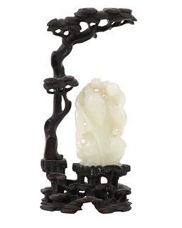 Chinese Carved White Jade Figural on Carved Stand
