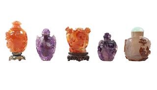 Five Chinese Carved Hardstone Snuff Bottles