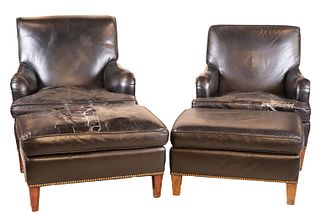 Two Black Faux Leather Club Chairs and Ottomans